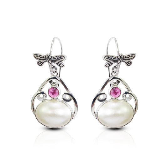 Beautiful dangle drop dragonfly earrings with genuine white mabe pearl and natural pink tourmaline,