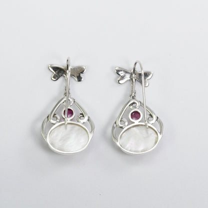 Beautiful dangle drop dragonfly earrings with genuine white mabe pearl and natural pink tourmaline,