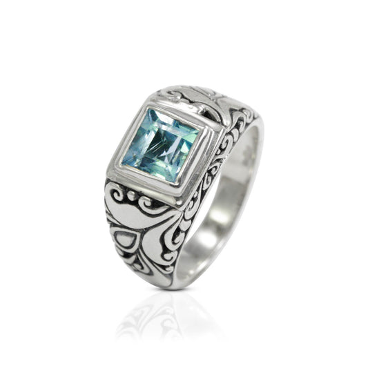 Blue topaz ring 925 sterling with filigree design