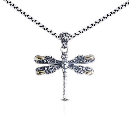 dragonfly pendant necklace 925 sterling silver and 18K yellow gold decorated with filigree ornament