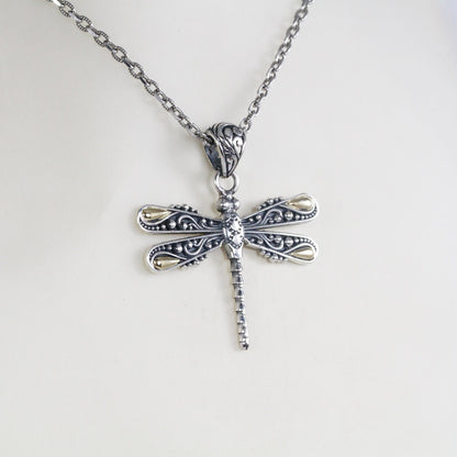 dragonfly pendant necklace 925 sterling silver and 18K yellow gold decorated with filigree ornament