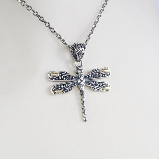 dragonfly pendant necklace 925 sterling silver and 18K yellow gold decorated with filigree ornament