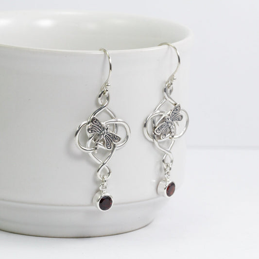 red garnet earrings dangle 925 sterling silver with Celtic rope handmade and dragonfly ornament