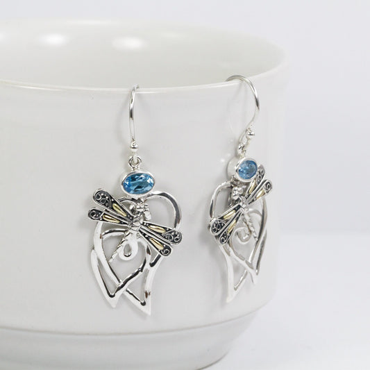 heart shape earrings dangle 925 sterling silver and 18K yellow gold dragonfly ornament with genuine Blue Topaz