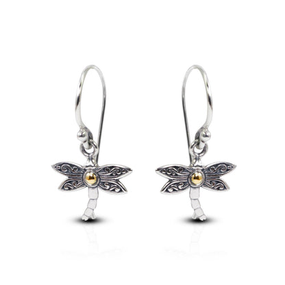 dragonfly earrings 925 sterling silver decorated with swirl filigree ornament and 18 K gold layer