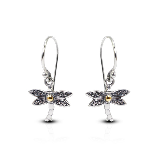 dragonfly earrings 925 sterling silver decorated with swirl filigree ornament and 18 K gold layer