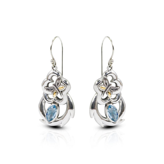 blue topaz earrings dangle 925 sterling silver decorated with dragonfly ornament 18K yellow gold