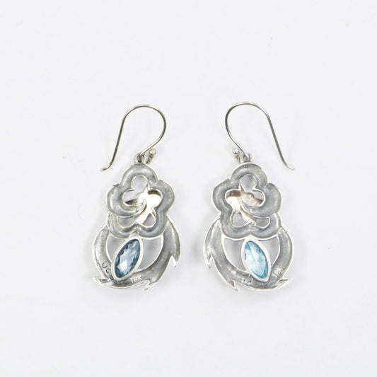 blue topaz earrings dangle 925 sterling silver decorated with dragonfly ornament 18K yellow gold