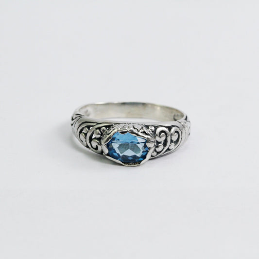 blue topaz ring 925 sterling silver decorated with filigree ornament