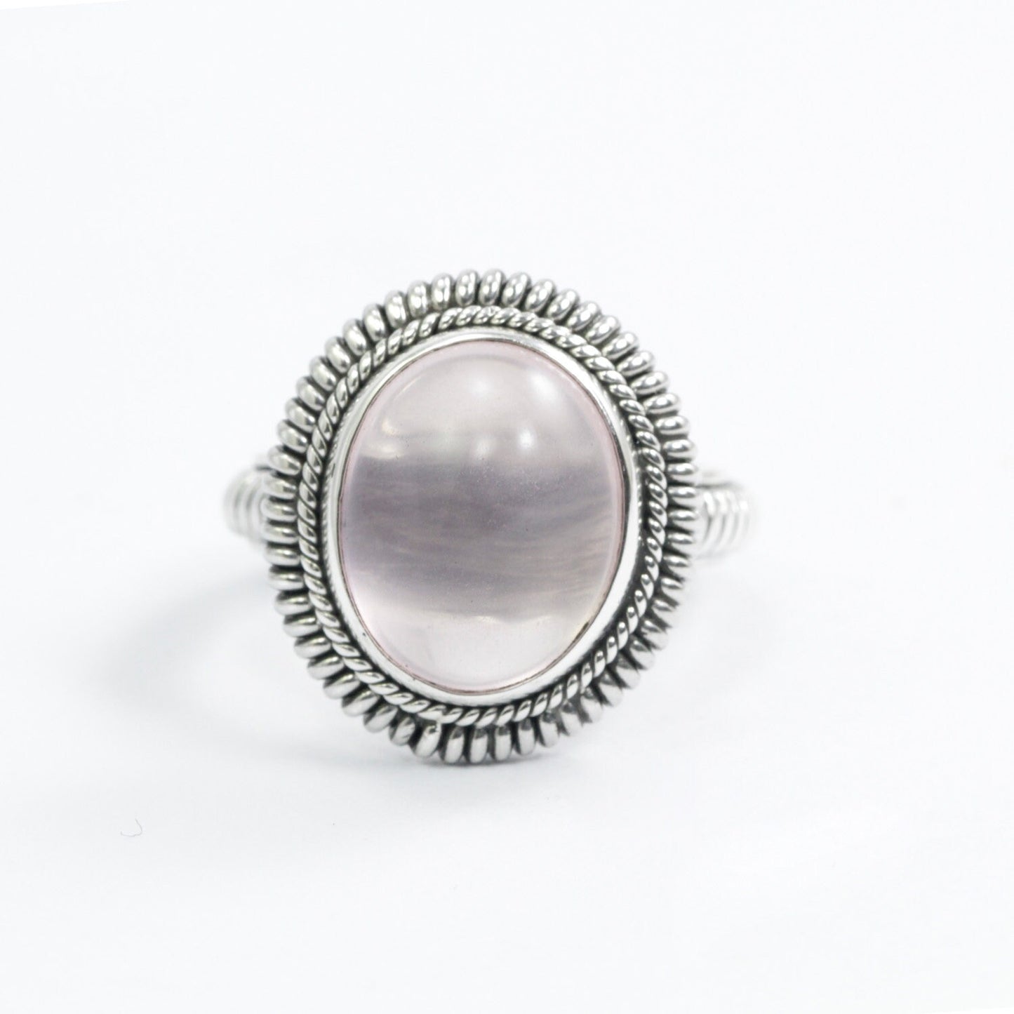 rose quartz ring 925 sterling silver with cable style ornament