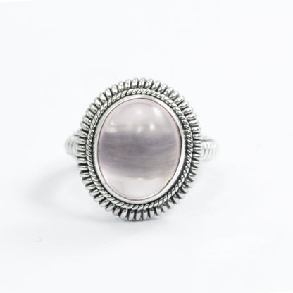 rose quartz ring 925 sterling silver with cable style ornament