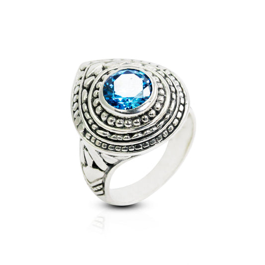 blue stone ring 925 sterling silver with doom pear shape filigree ornament