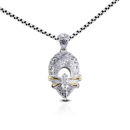 dragonfly pendant necklace 925 sterling silver decorated with 18K yellow gold decorated with filigree ornament and white topaz