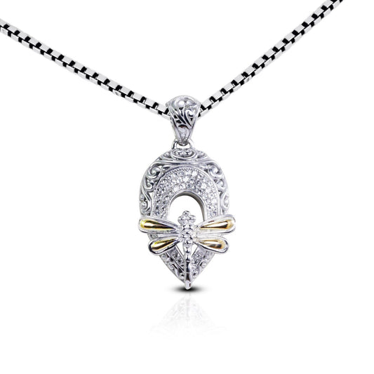 dragonfly pendant necklace 925 sterling silver decorated with 18K yellow gold decorated with filigree ornament and white topaz