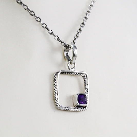 amethyst pendant necklace 925 sterling silver square rope style