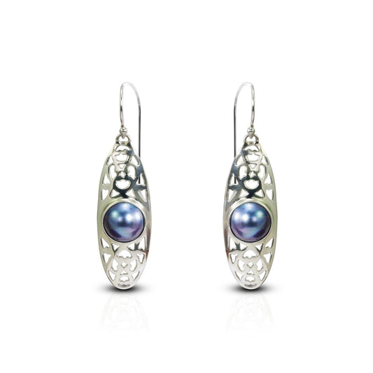 blue mabe pearl earrings set in 925 sterling silver decorated with open work ornament