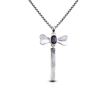 red garnet pendant 925 sterling silver in dragonfly shape decorated with genuine white shell and moveable silver chain tail