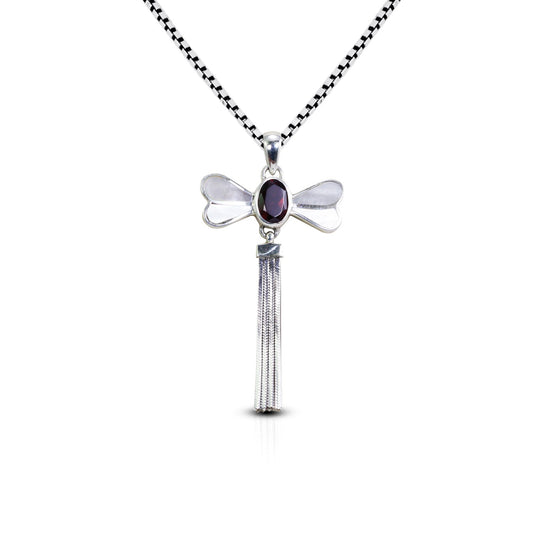 red garnet pendant 925 sterling silver in dragonfly shape decorated with genuine white shell and moveable silver chain tail