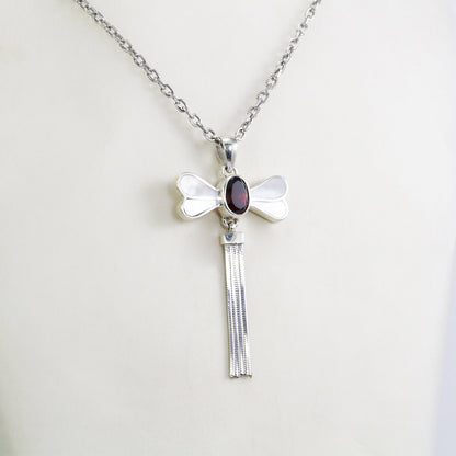 red garnet pendant 925 sterling silver in dragonfly shape decorated with genuine white shell and moveable silver chain tail