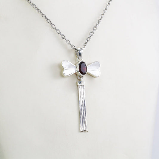 red garnet pendant 925 sterling silver in dragonfly shape decorated with genuine white shell and moveable silver chain tail