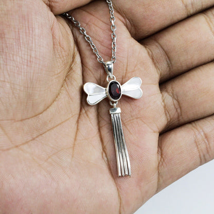 red garnet pendant 925 sterling silver in dragonfly shape decorated with genuine white shell and moveable silver chain tail