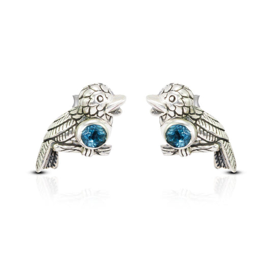 bird earrings stud 925 sterling silver with genuine blue topaz