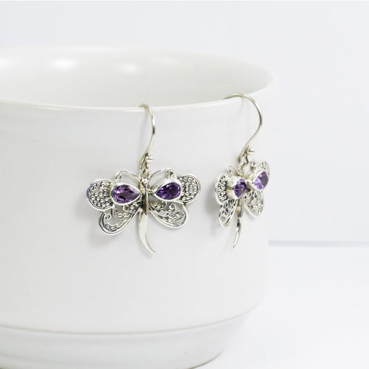 amethyst earrings dangle 925 sterling silver with dragonfly ornament open work