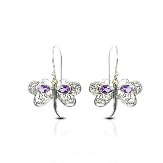 amethyst earrings dangle 925 sterling silver with dragonfly ornament open work