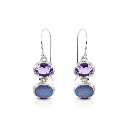 opal earrings 925 sterling silver with genuine Brazilian amethyst, two stones earrings dangle