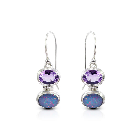 opal earrings 925 sterling silver with genuine Brazilian amethyst, two stones earrings dangle