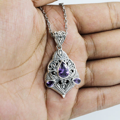 amethyst zirconia pendant necklace 925 sterling silver decorated with filigree ornament