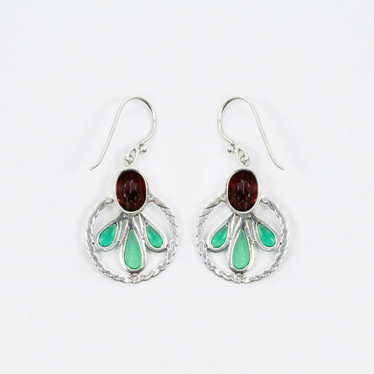 red garnet earrings dangle 925 sterling silver with Celtic handmade and green enamel