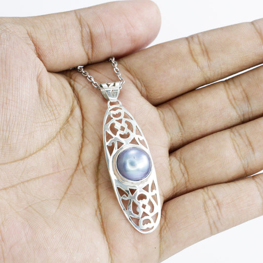 blue mabe pearl pendant necklace 925 sterling silver decorated with open work filigree ornament