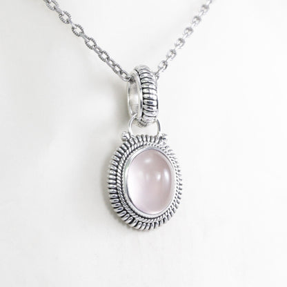Rose Quartz Pendant set in 925 Sterling Silver Decorated with Rope Cable