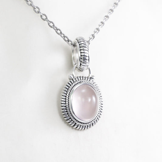 Rose Quartz Pendant set in 925 Sterling Silver Decorated with Rope Cable