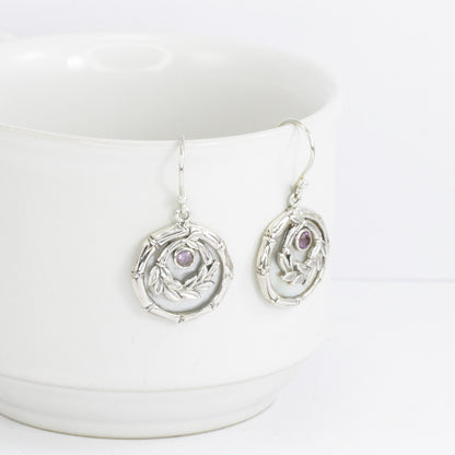 amethyst earrings 925 sterling silver decorated with bamboo leaf frame and white shell