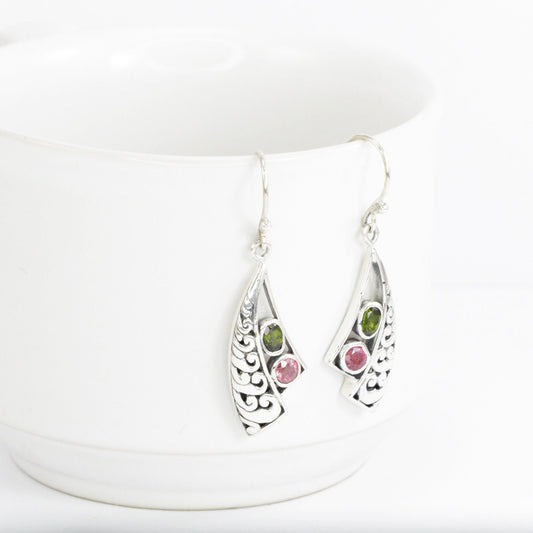 tourmaline earrings 925 sterling silver decorated with filigree ornament, multi color tourmaline earrings