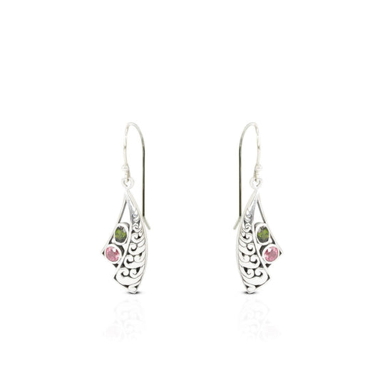 tourmaline earrings 925 sterling silver decorated with filigree ornament, multi color tourmaline earrings