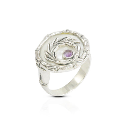 Amethyst ring 925 sterling silver with bamboo ornament and genuine white shell