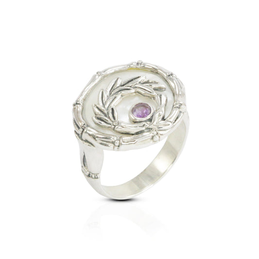 Amethyst ring 925 sterling silver with bamboo ornament and genuine white shell