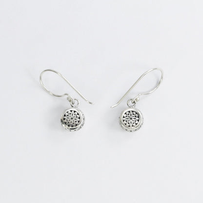 amethyst earrings round shape set in 925 sterling silver decorated with white filigree ornament bezel and back side