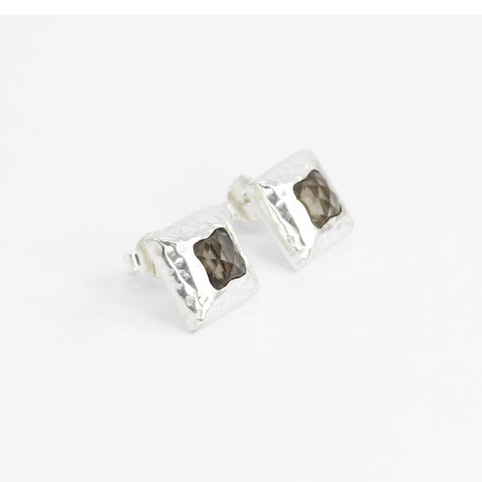 square earrings 925 sterling silver with genuine smoky quarts decorated with hummer finishing style