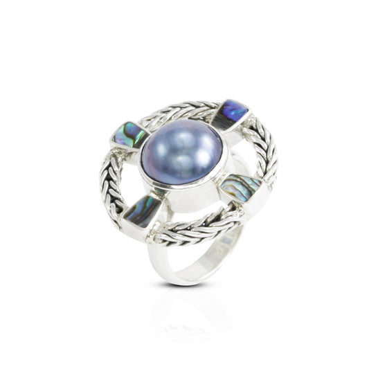 cross ring 925 sterling silver with genuine blue mabe pearl and paua shell decorated with chain frame