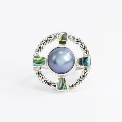 cross ring 925 sterling silver with genuine blue mabe pearl and paua shell decorated with chain frame