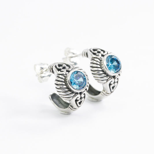blue topaz zirconia earrings 925 sterling silver decorated with beautiful balinese ornament