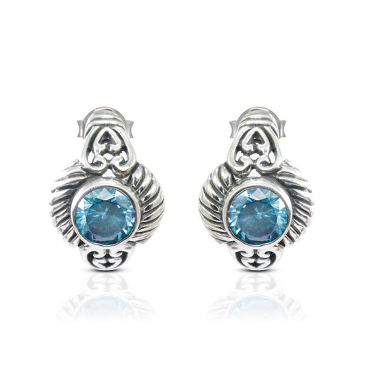 blue topaz zirconia earrings 925 sterling silver decorated with beautiful balinese ornament