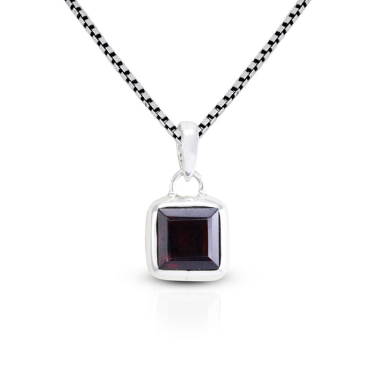 red garnet pendant necklace 925 sterling silver bezel set, square pendant with garnet