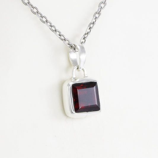 red garnet pendant necklace 925 sterling silver bezel set, square pendant with garnet