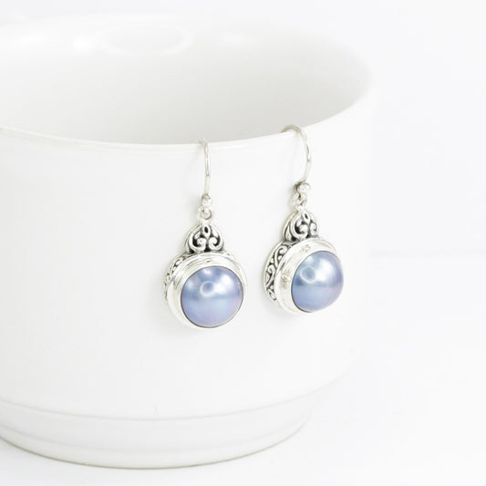 blue mabe pearl earrings 925 sterling silver decorated with filigree art