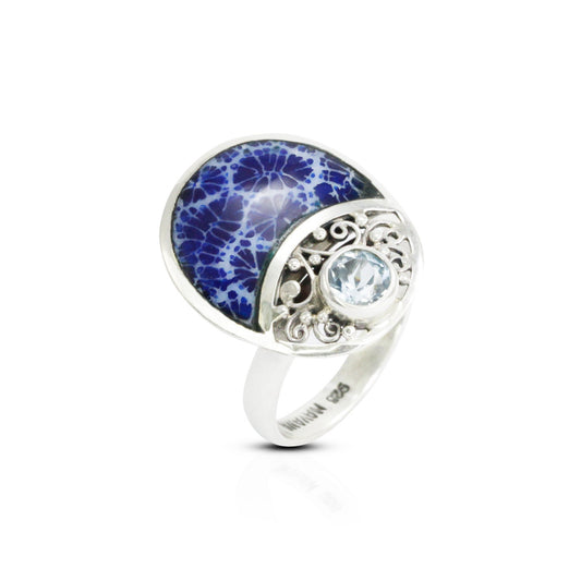 blue coral ring 925 sterling silver decorated with genuine blue topaz and filigree ornament